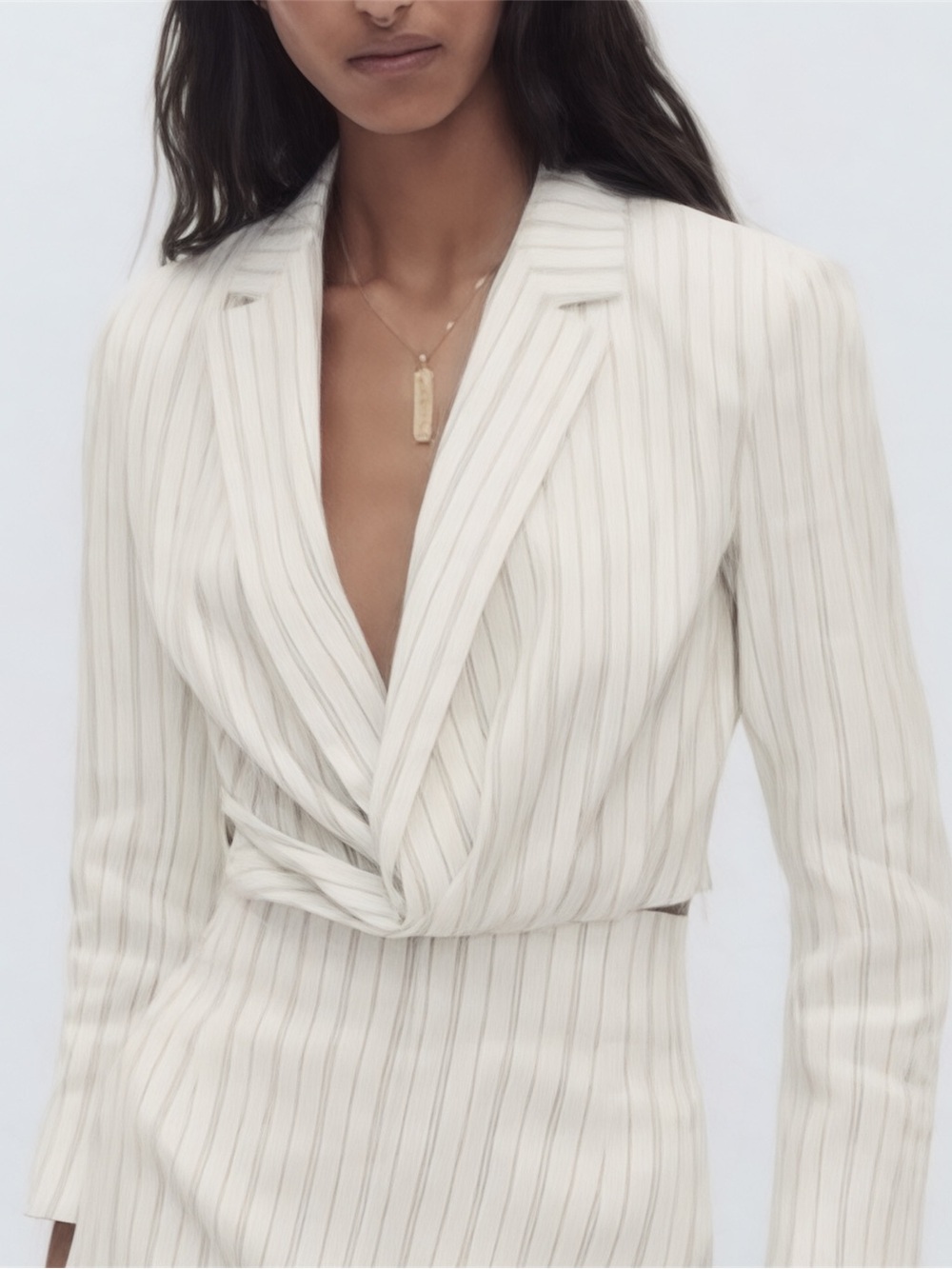 NWT ZARA Viscose Striped Line Blend Cropped Blazer Cream Open Front Sz S